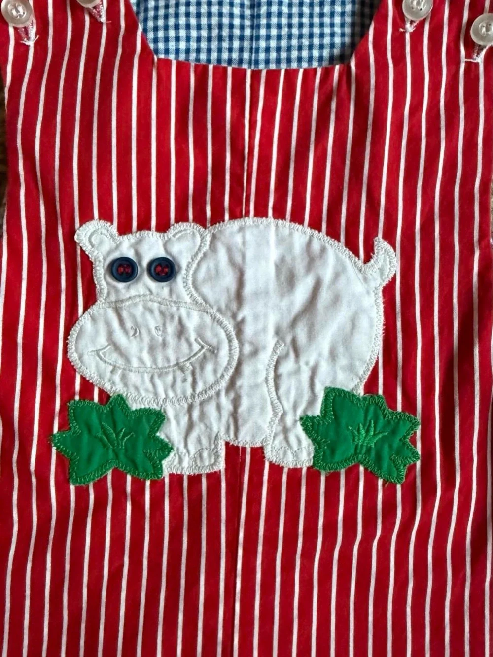 Vintage Reversible Blue Gingham Kids One-Piece Romper with Beach Applique